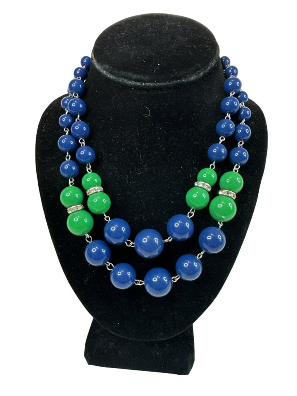 VTG Multistrand Beaded Necklace Rhinestone Spacers Blue Green Costume Chunky